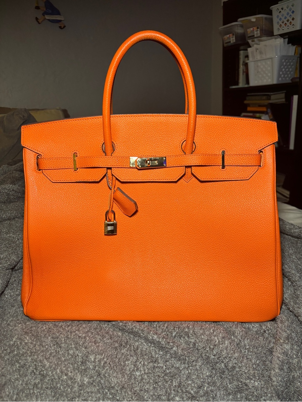 40cm Orange Leather Top Handle Bag